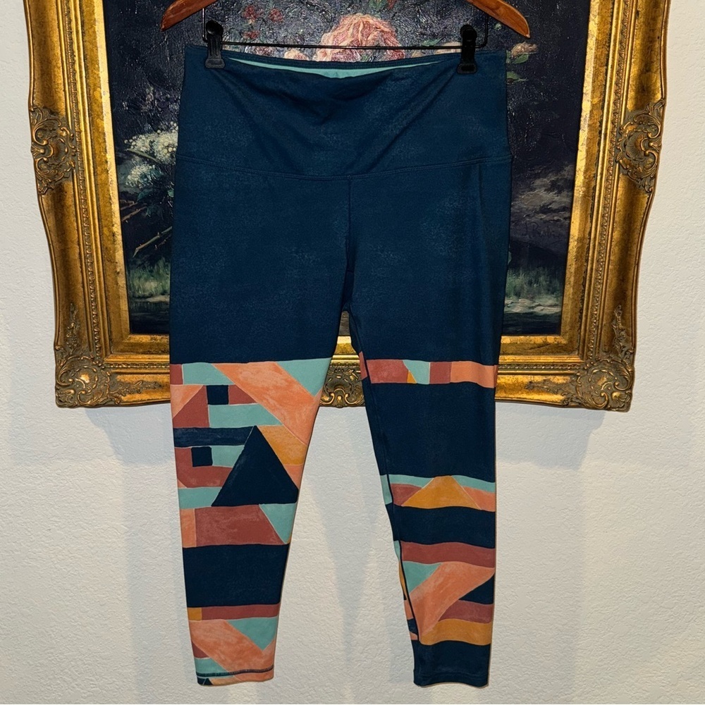 PRANA Blue Kimble Aztec Geometric 7/8 Leggings Athletic Hiking Gorpcore Size XL